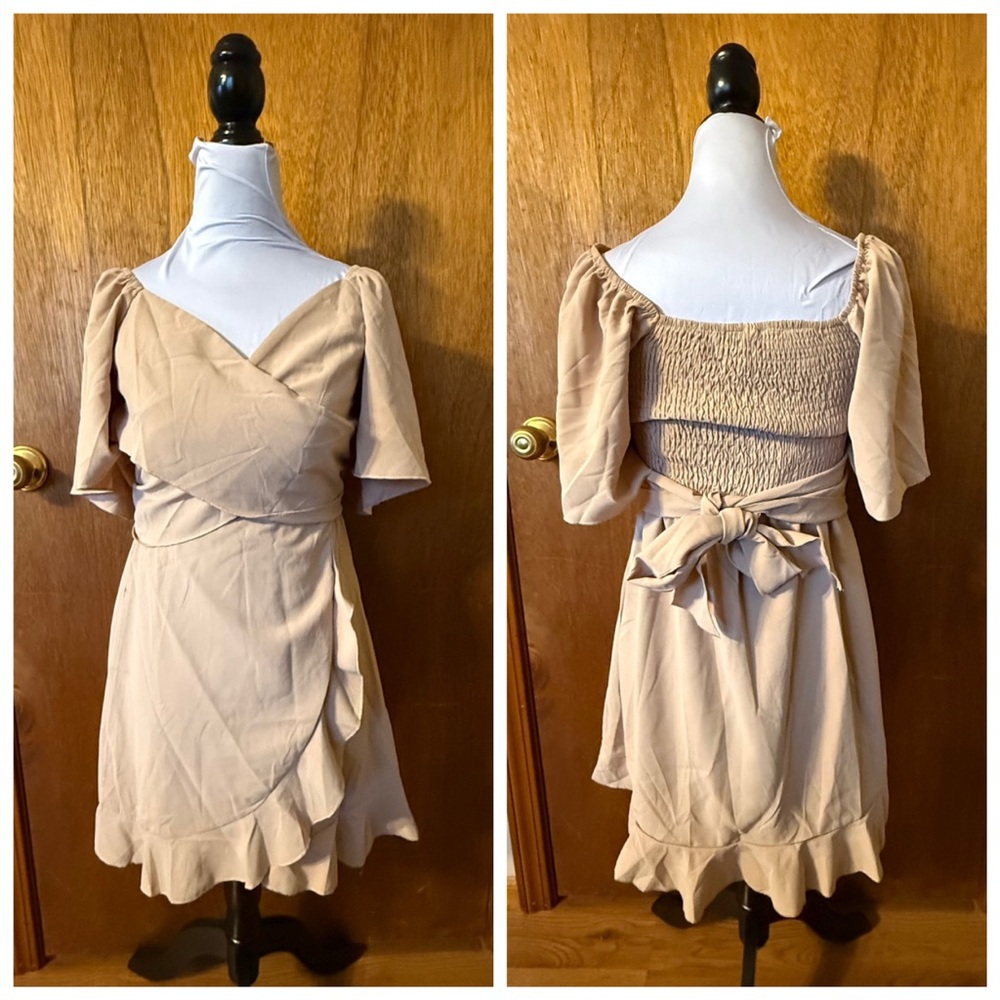 NWT Dokotoo Tan Beige V Wrap Tie Ruffle Flutter Sleeve Cocktail Mini Dress S - Picture 4 of 13